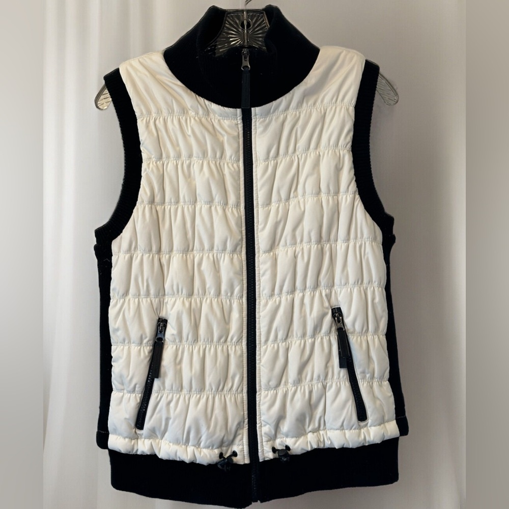 Calvin Klein Puffy Puffer Vest MP3 White Black Full Zip Sleeveless Sz Women's L